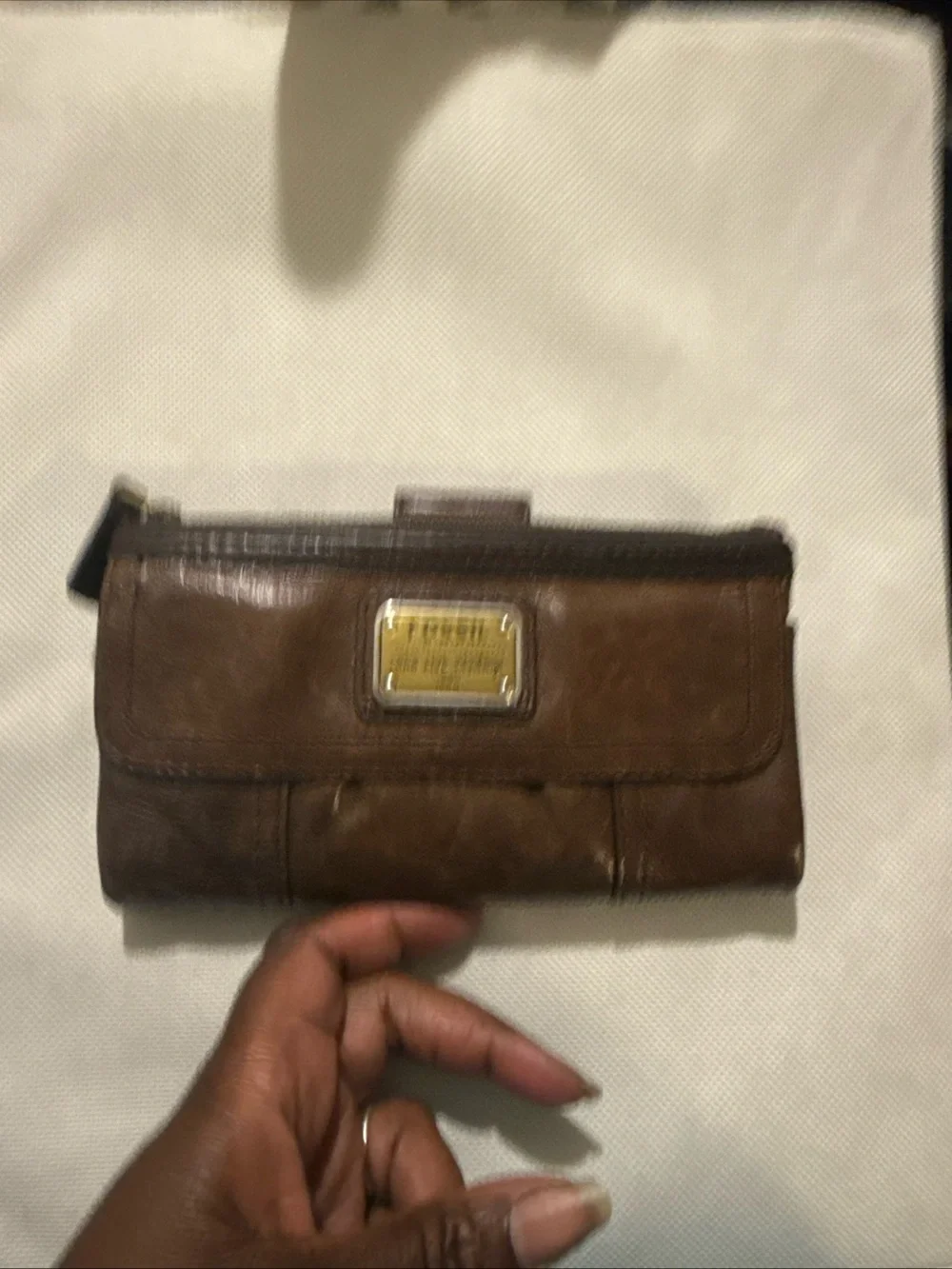 Fossil Brown Leather Zip Card Holder with Gold Plaque